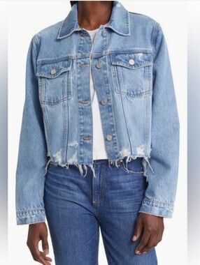 FRAME Ripped Distressed Denim Trucker Jacket Women's XL Flap Pockets